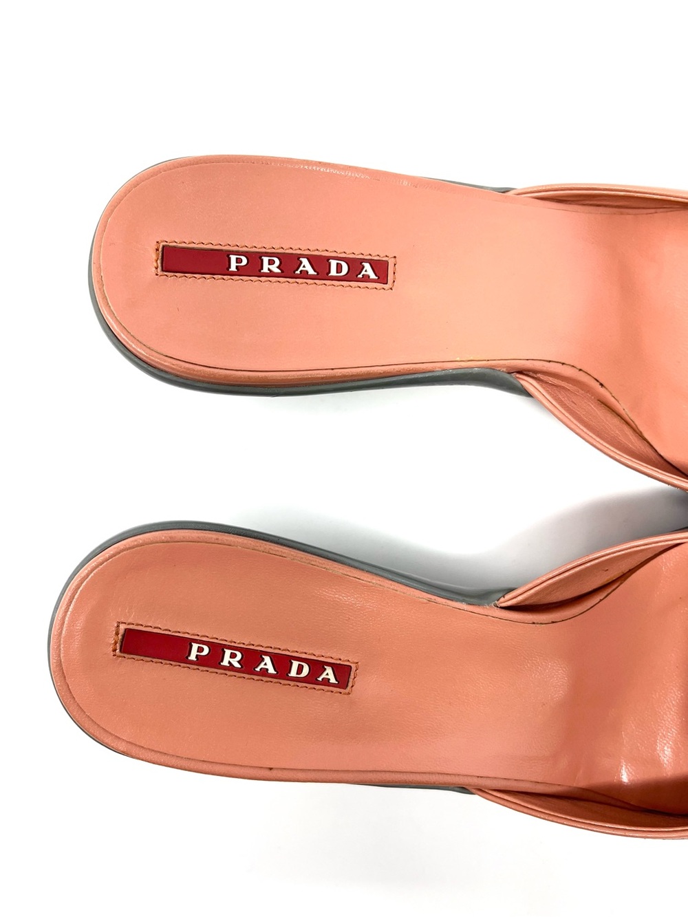 Vintage Prada Y2K Pink Coral Peach Leather Logo Buckle Mules Kitten Heels 37 7 - Picture 9 of 12